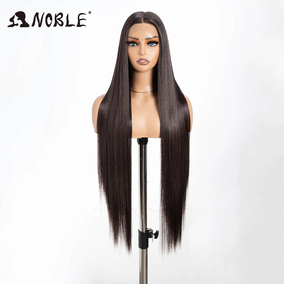 Noble 38 Inch Extra Long Straight Synthetic Lace Front Wig Skunk Stripe Grey White Ombre Glueless Heat Resistant Wig For Women