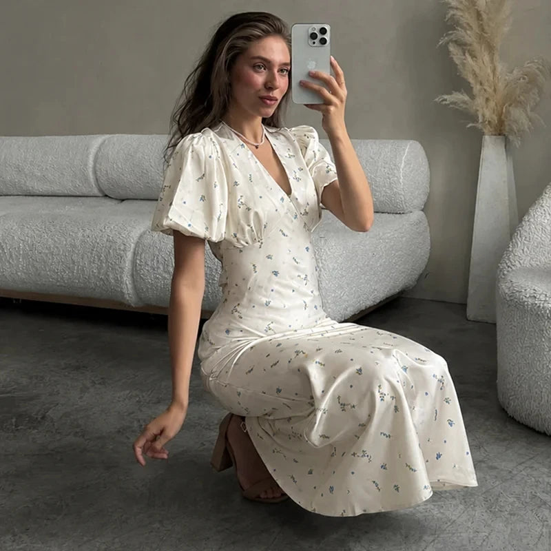 TARUXY Stylish Printed Maxi Dress Women Elegant Slim V-Neck Short-Sleeve Evening Dress Summer New Casual Commuter Female Dress