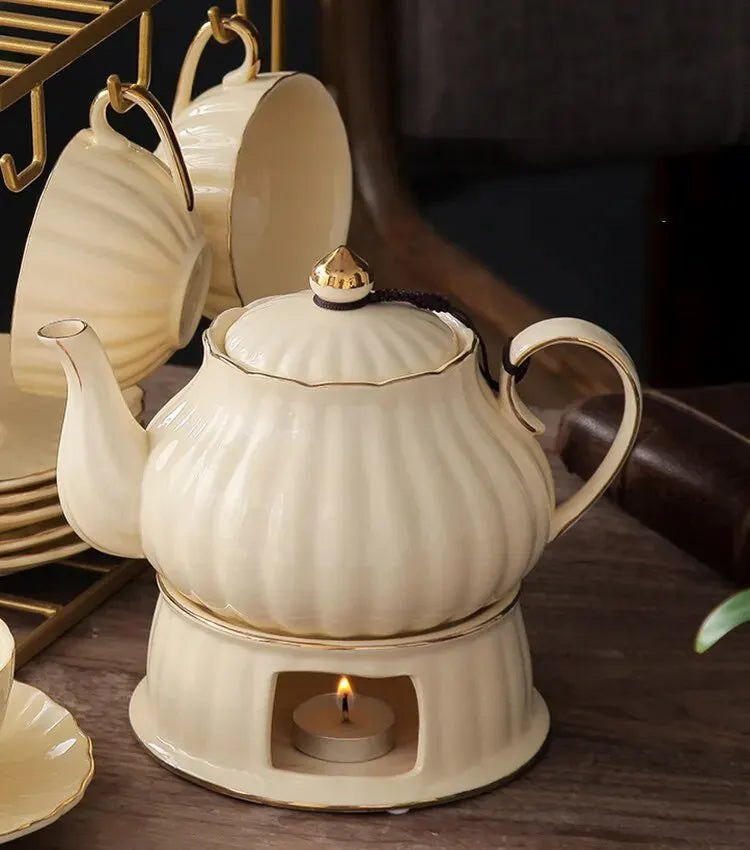 British Handle Ceramic Glass Teapot With Candle Heating Base Set European Porcelain Coffee Pot Afternoon Tea Home Decoration