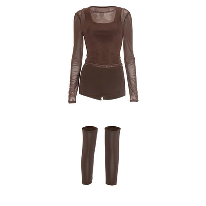 Sexy Casual 3 Piece Set Mesh Full Sleeve o-Neck Crop Tops+Shorts+Foot Cover Matching Autumn Trend Streetwear Outfits