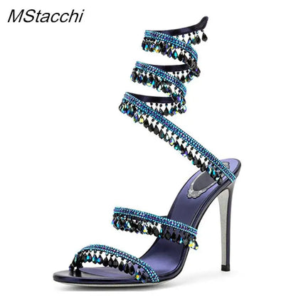 Crystal Wrap Sandals Women Summer 2025 Wedding Shoes High Heel Party Shoes Ankle Strappy Sandals Designer Stiletto Heel Shoes