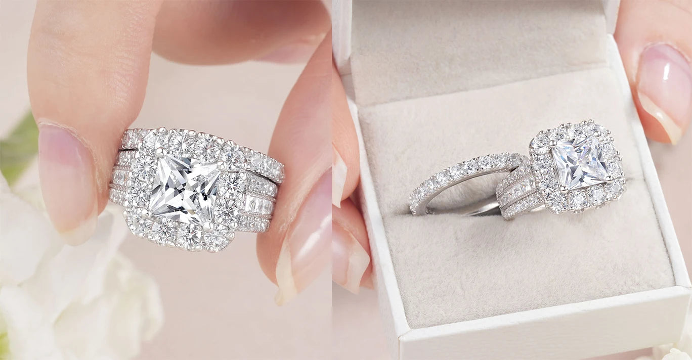 Newshe 2Pcs 925 Silver Wedding Rings Set for Women Halo Princess Cut White Cubic Zircon Vintage Luxury Jewelry Engagement Ring