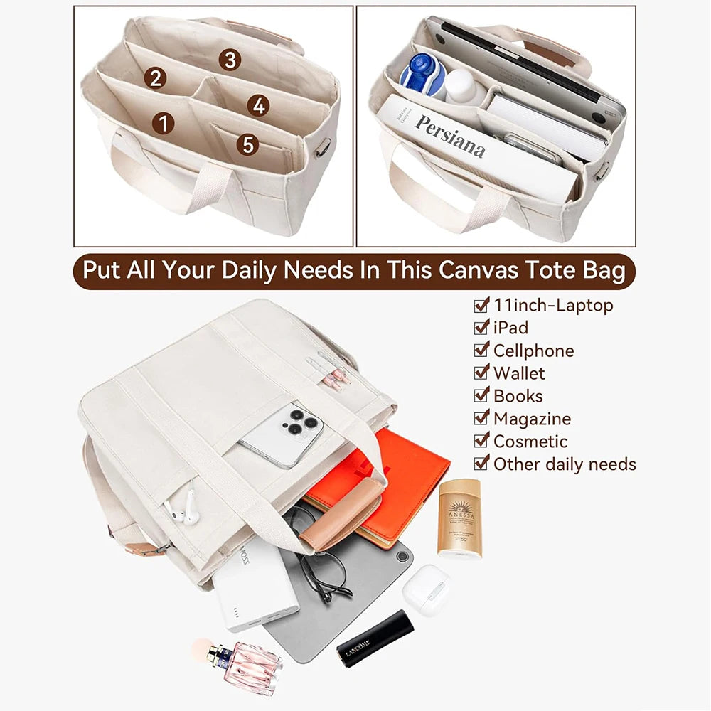 Women’s Canvas Tote Bag with Multiple Pockets, Large Capacity Shoulder Messenger Bag, Stylish, Durable & Versatile for Daily