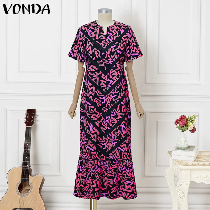 VONDA Women Vintage Maxi Dress Short Sleeve Summer Party Vestidos 2025 Casual Printed A-line Robe Bohemian V-Neck Long Sundress