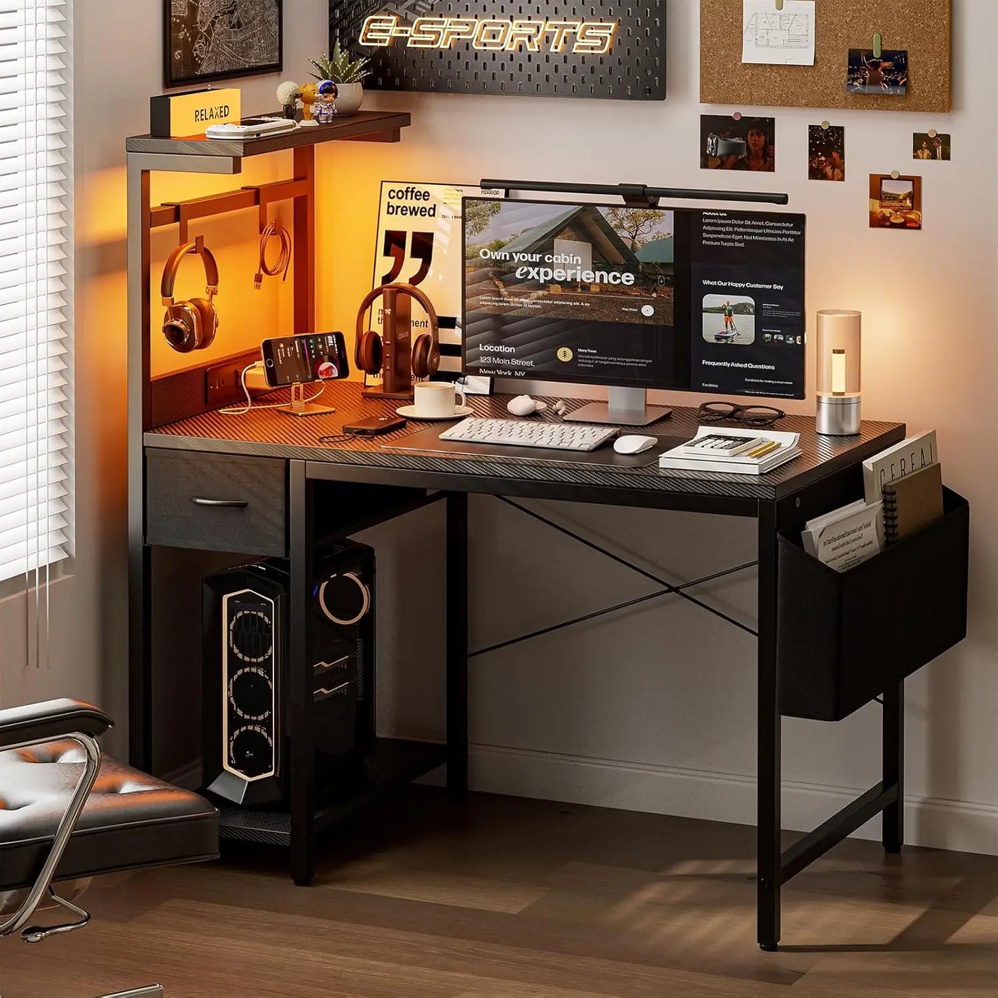 Gaming Desk 55 Inch with Power Outlet and LED Light, Computer Desk with Reversible Shelves and Storage Drawer, Pc, Customized