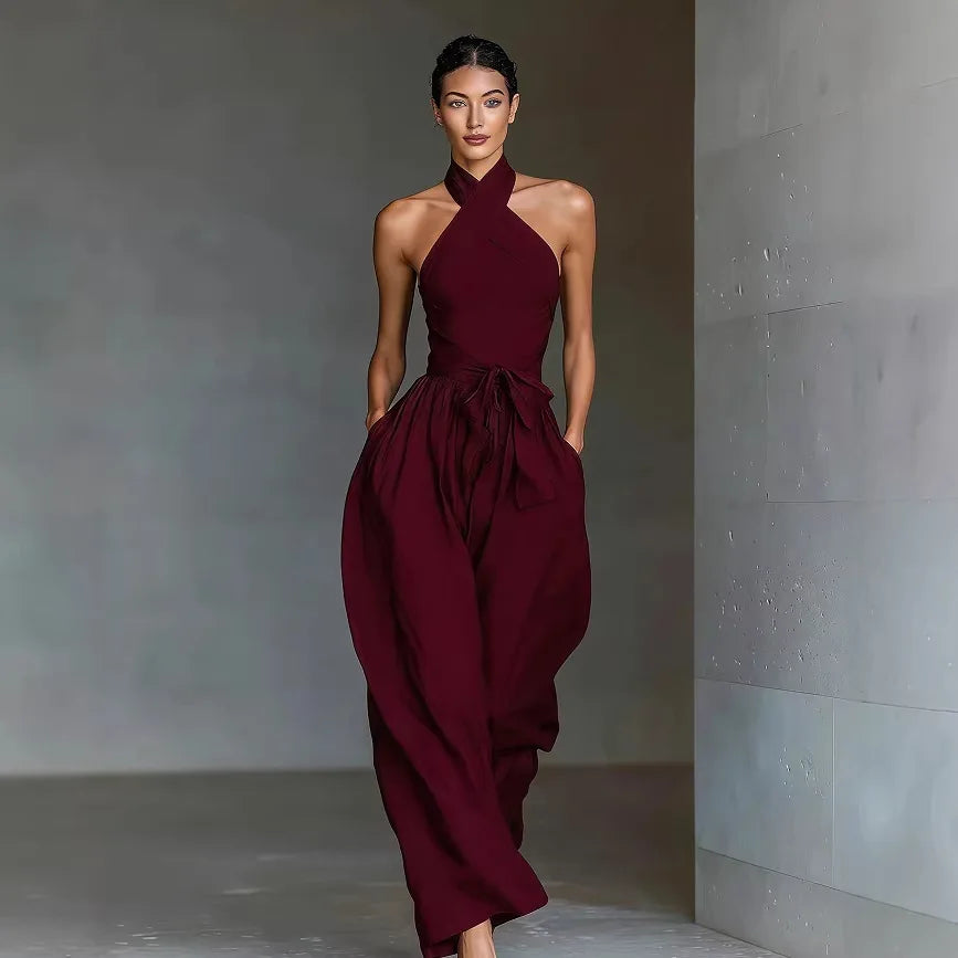 Chic High Waist Tie-up Wide Leg Pants Jumpsuit Women Sexy Criss Cross Halter Backless Zips Romper Summer Solid Office Overalls