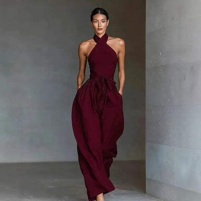Chic High Waist Tie-up Wide Leg Pants Jumpsuit Women Sexy Criss Cross Halter Backless Zips Romper Summer Solid Office Overalls