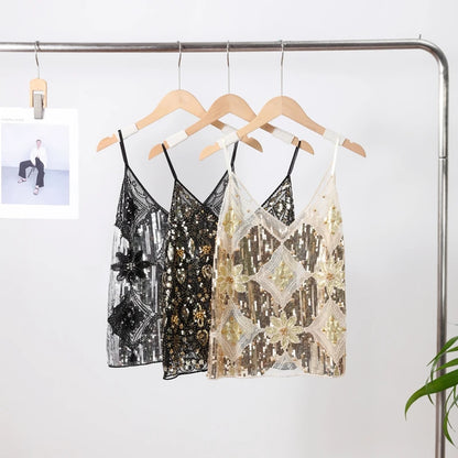 Sexy Sequins Beaded Camisoles Women Glitter Sleeveless Backless Pleated Sling Crop Tops 2026 Spring Summer Club Party Tank Lady