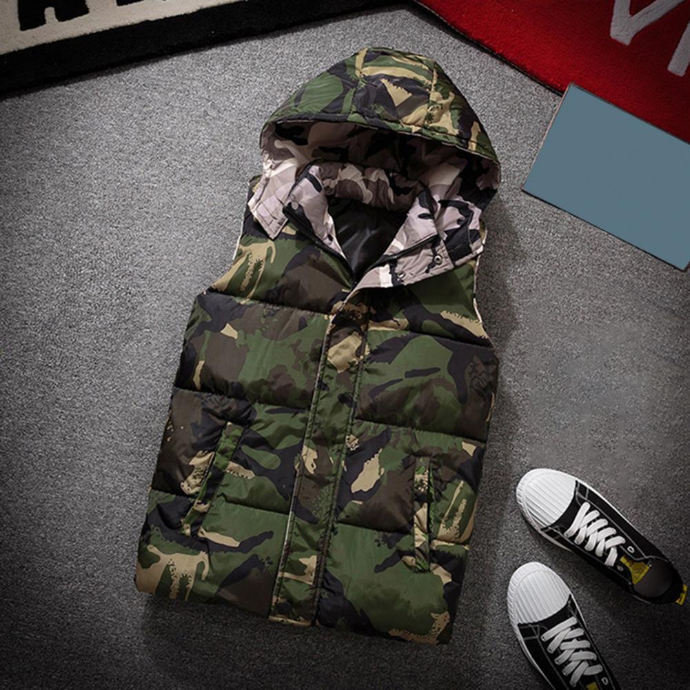 Winter Men Waistcoat Camouflage Thickened Cotton Padded Windproof Zipper Hooded Vest Coat for Daily Wear