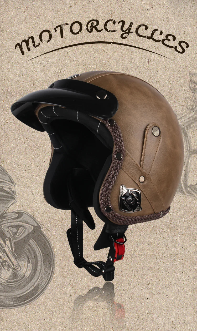 UCHOOSE Retro Motorcycle Helmet PU Leather Open Face 3/4 Chopper Bicycle Helmets Classic Casco Moto Vintage