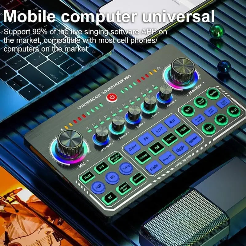 X50 Podcast Recording Equipment with Podcast Mixer Sound Card for Live Streaming Voice Changer DJ Audio Mixer Interface