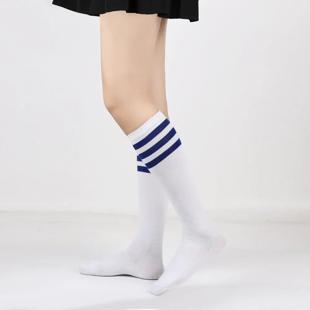 Middle Tube Sock Women Striped Knee High Ladies Japanese Harajuku College Style Cotton Summer Calf Sock Black White Female Gift