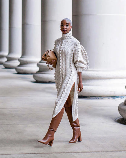 Streetwear Turtleneck Sweater Dress Women Autumn Winter Long Sleeve Elegant Ribbed Knitted Stretchy Warm Party Club Midi Dresses