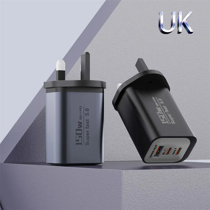 USB Type C 150W Charger USB QC3.0 Fast Charging Mobile Phone Charger Travel Adapter For iPhone 17 Samsung Xiaomi EU/UK/US Plug