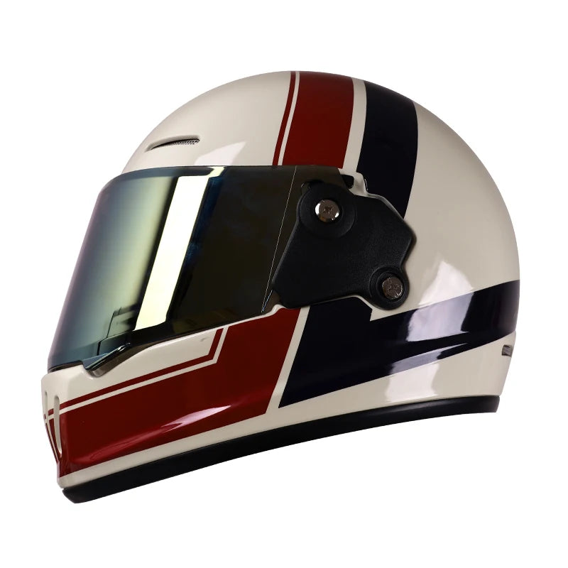Retro-style full-face helmet with multi-color lenses, ABS material, DOT certified, suitable for all seasons