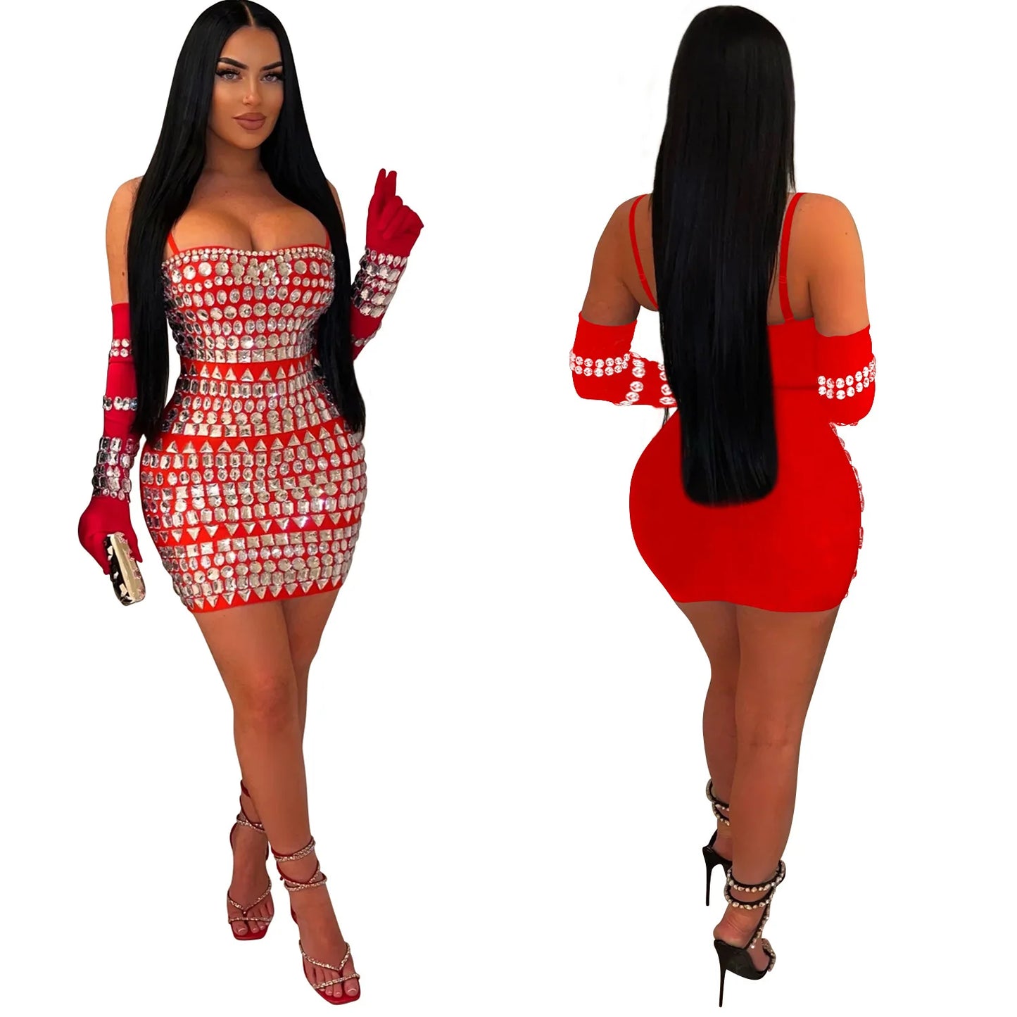 GLCMYAYA Women Diamonds Hot Rhinestones Crystal Spaghetti Strap Birthday Bodycon Midi Dress Sexy Party Even Dresses Vestidos