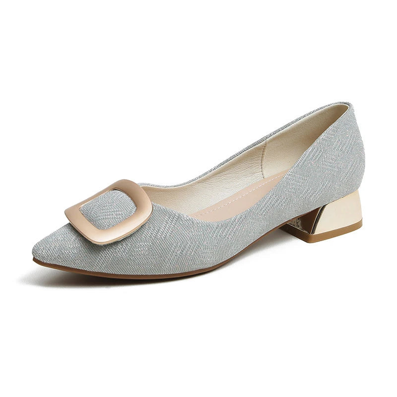 Womens Light Blue Glitter Pointed Toe Block Heel Pumps With Gold Square Buckle Detail Metallic Heel Elegant Dress Shoes Ladies
