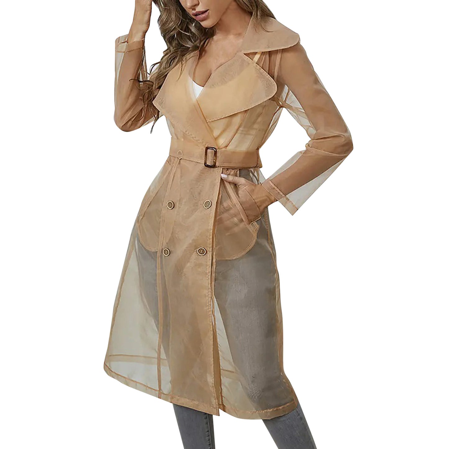 Women Organza See Though Sunscreen Long Sleeve Trench Summer Autumn Fashion Double Breasted Long Coat With Belted Tops Outwear