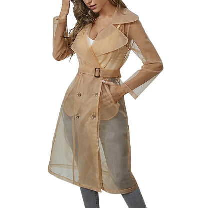 Women Organza See Though Sunscreen Long Sleeve Trench Summer Autumn Fashion Double Breasted Long Coat With Belted Tops Outwear