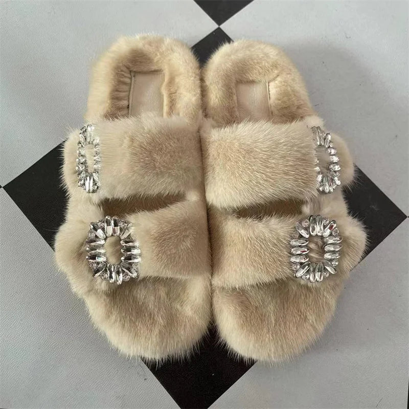 Summer Women Mink Fur Slippers Woman Luxury 2026 Women's Sandals Outdoor Fashion Casual Shoes Fur Mule Shoes Opentoed Slides