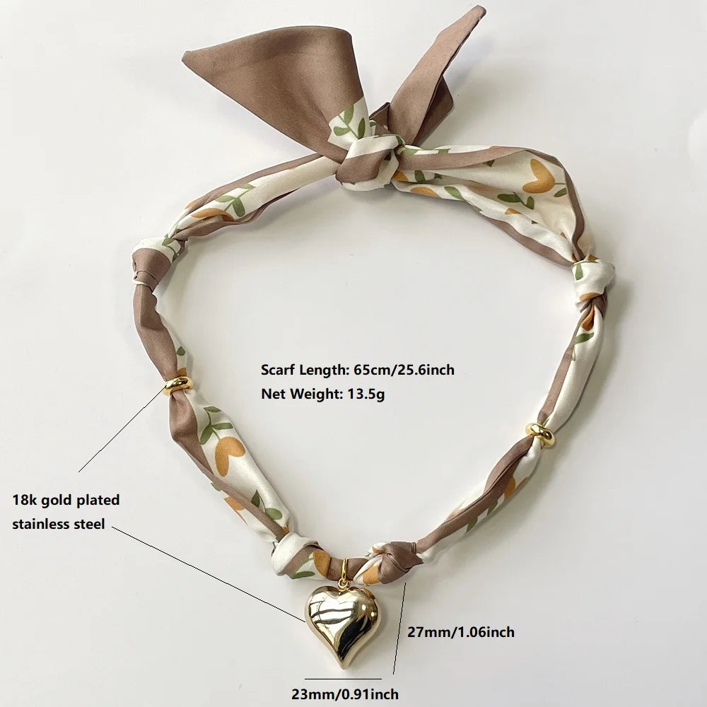 Women’s Fashion Scarf Necklace with Large Stainless Steel Heart Pendant Stackable Bandana Jewelry