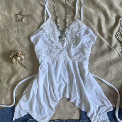 Y2k Summer New Solid Sling Tops Kawaii Lace Bow Inside A Sling Vest 90s Aesthetics Crop Top Women Pink Tank Top Fashion Punk Top