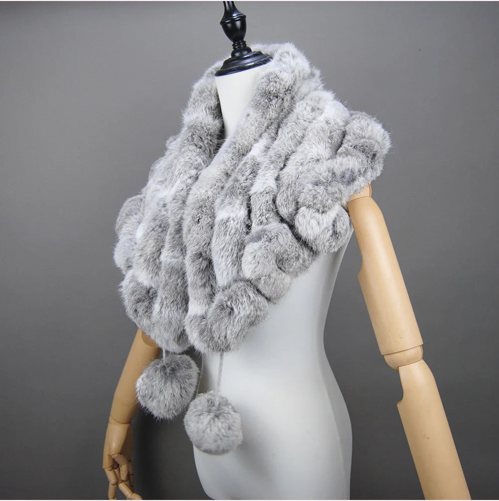 New Lady Winter Real Rabbit Fur Scarf Natural Warm Soft Rabbit Fur Shawl Women Fashion Outdoor Knit 100% Real Rabbit Fur Scarves