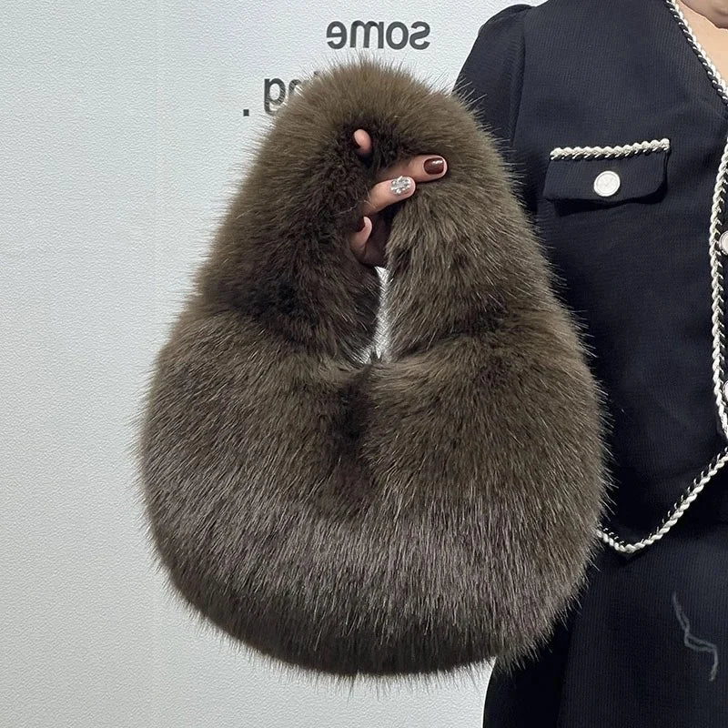 Solid Color Faux Fur Bag for Women Winter Soft Plush Handbags Ladies Small Elegant Tote Bags Fashion Trend Female Furry Purse