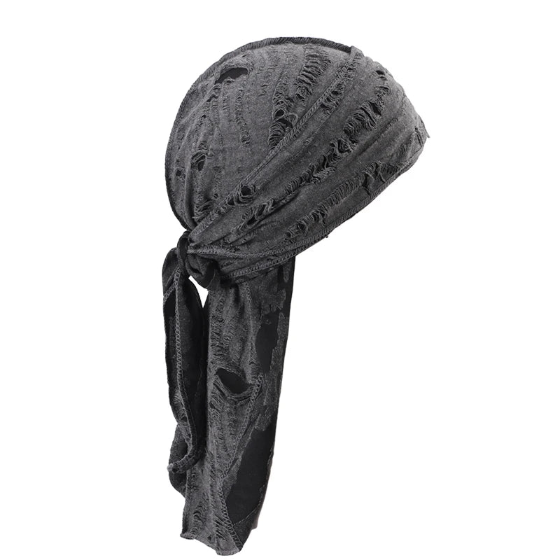 Durag Long Tail Cotton Ribbon Pirate Hat Scarf Retro Broken Hole Durag Chemo Caps Turban Hair Band Bandanas Headwrap