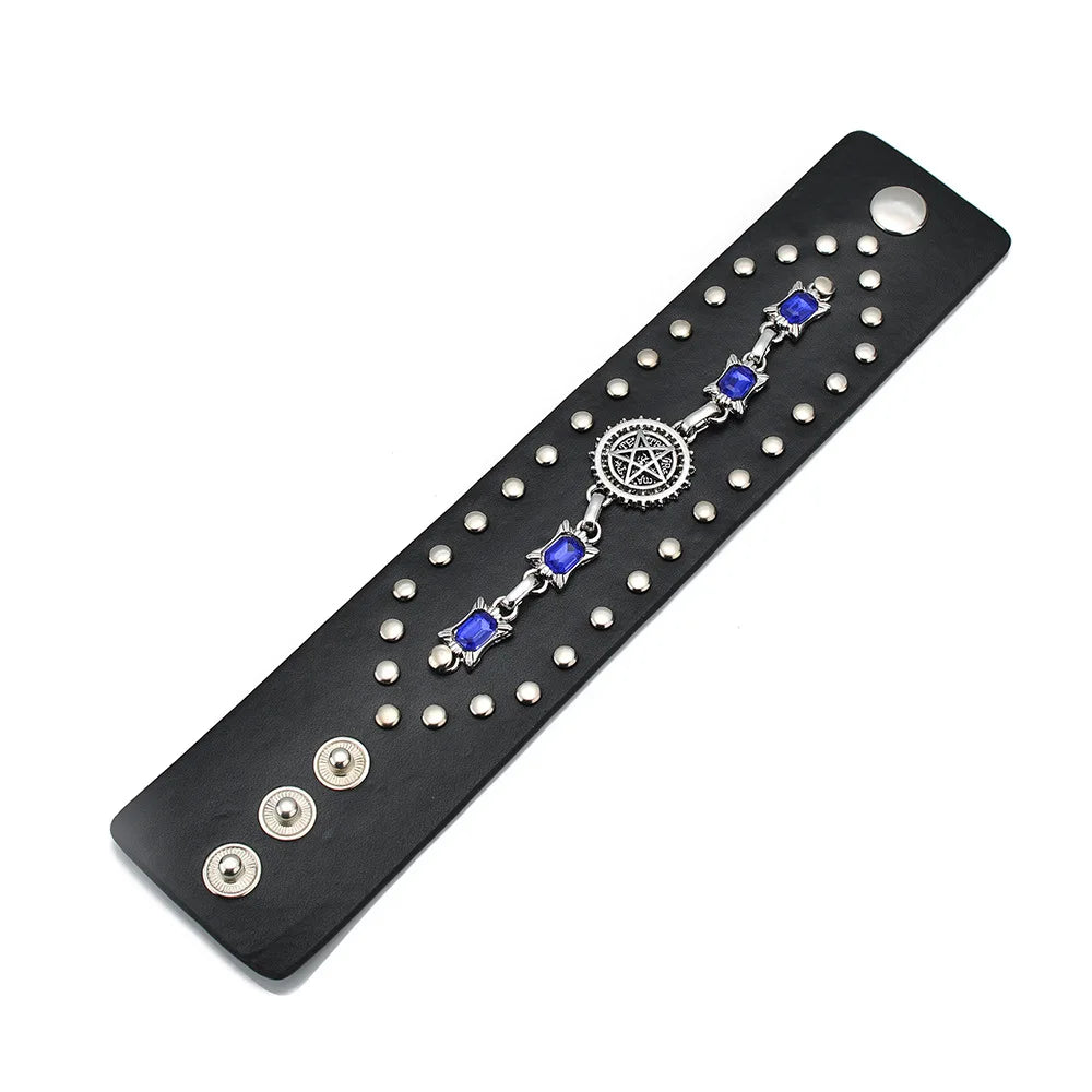 leather punk bracelet Black PU Leather Bracelet For Women Men Vintage Punk Wide Bangles Jewelry