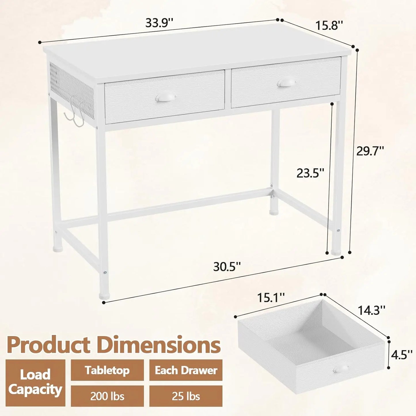 White Small Computer Desk with 2 Fabric Drawers, 34 Inch Home Office Writing Vanity Study Table for Adults Students