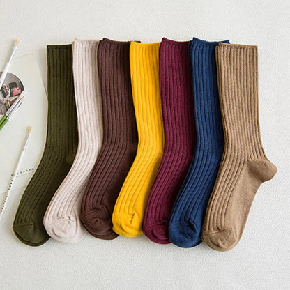 1 Pair Retro Women Cotton Loose Socks Autumn Winter Knitting Solid Color Long Black Korean Japanese Student Girls Stockings