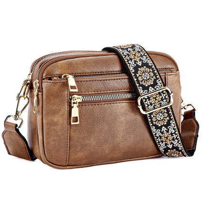 Stylish Wide Strap Shoulder Bag Women's Multiple Pockets Faux Leather Crossbody Bags Adjustable Strap  Travel Handbag Purse