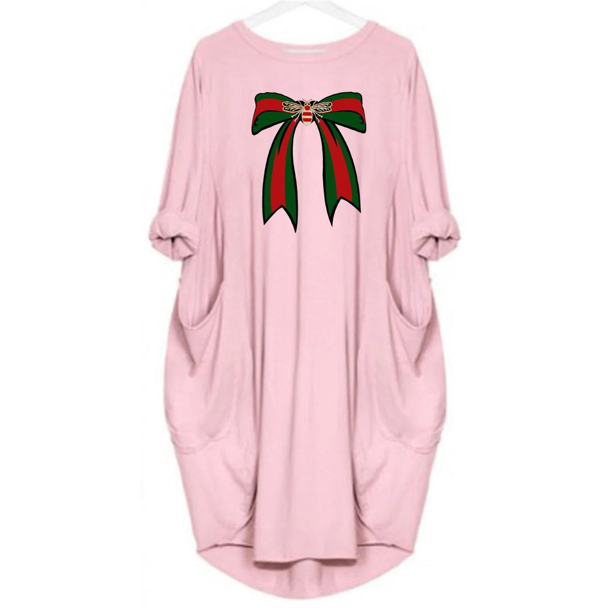 Ladies' summer loose bee bow pattern printed round neck short sleeved pocket comfortable casual plus size dress