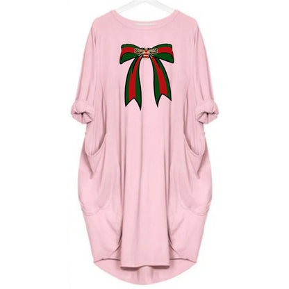 Ladies' summer loose bee bow pattern printed round neck short sleeved pocket comfortable casual plus size dress