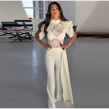 Elegant Ruffles Lace Top Ribbon Flare Pants Sets Women Short Sleeve See through Top High Waist Pant 2026 Summer Evening Outfit