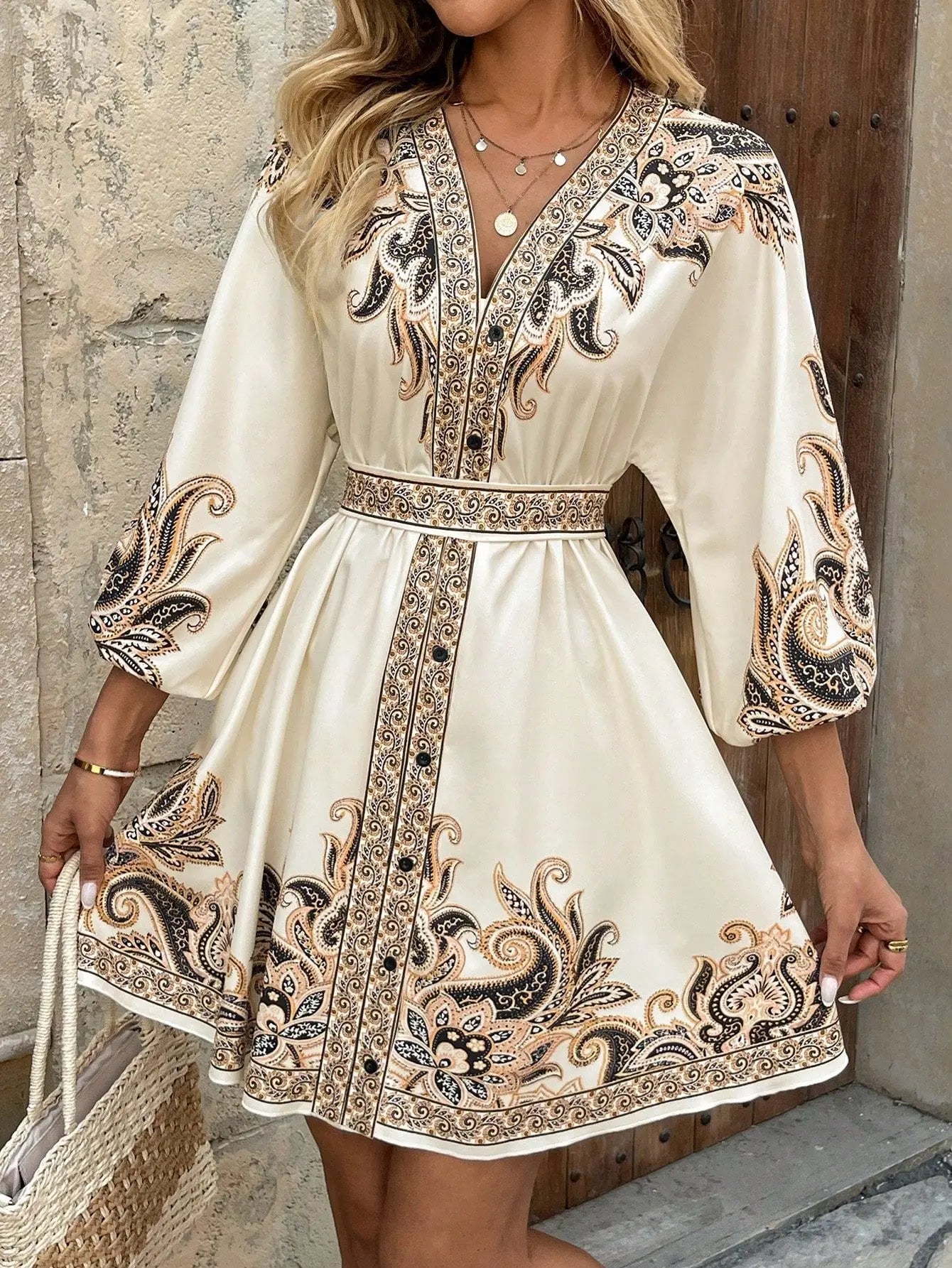 Elegant Women's Retro Printed V Neck Lantern Sleeve Dress Spring Summer Fashion Cinched Waist Lace-up Female Vacation Shortskirt