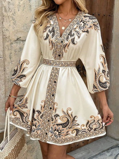 Elegant Women's Retro Printed V Neck Lantern Sleeve Dress Spring Summer Fashion Cinched Waist Lace-up Female Vacation Shortskirt