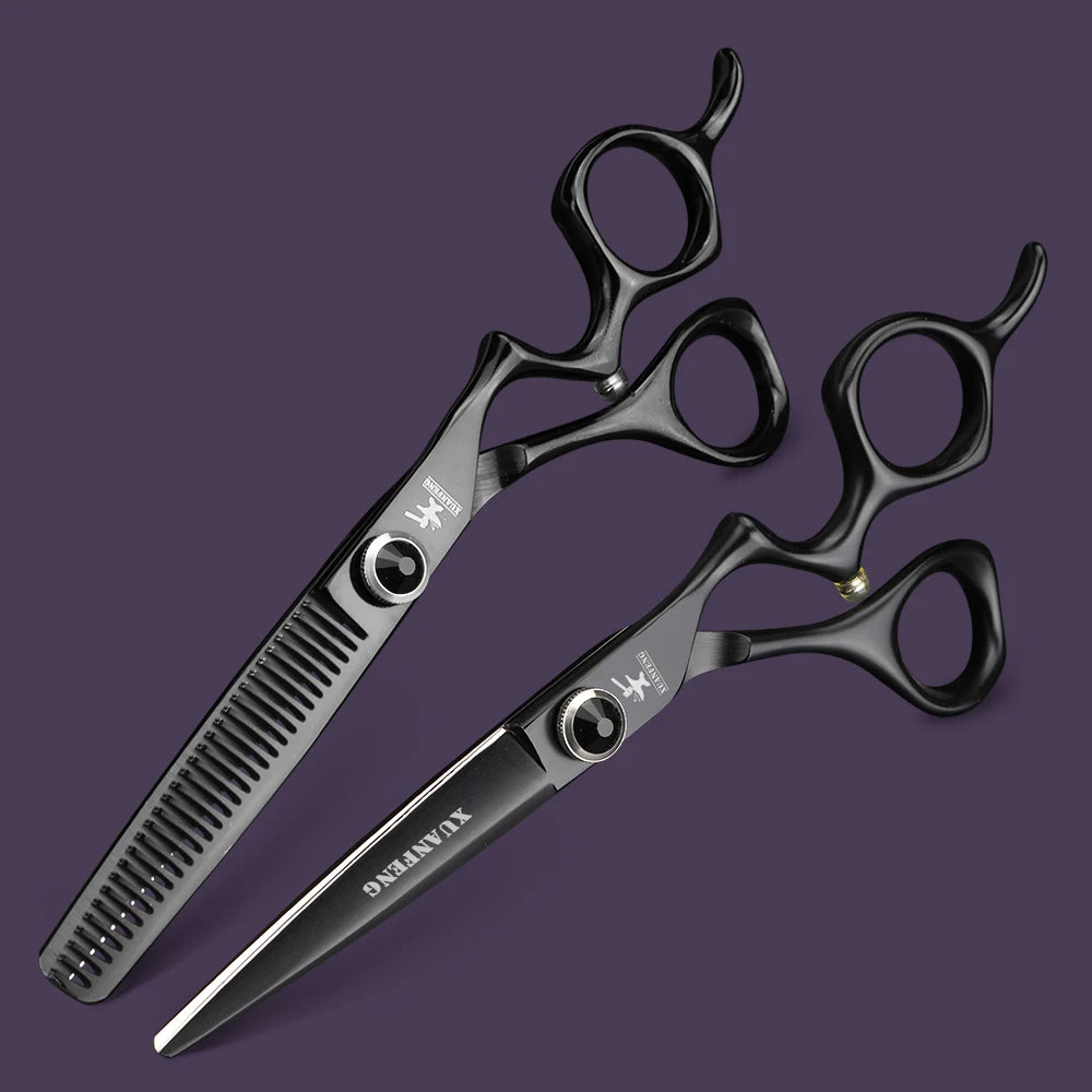 XUANFENG 6 inch Silver Curved Handle Hair Scissors Steel Barber Cutting Scissors and Thinning Scissors