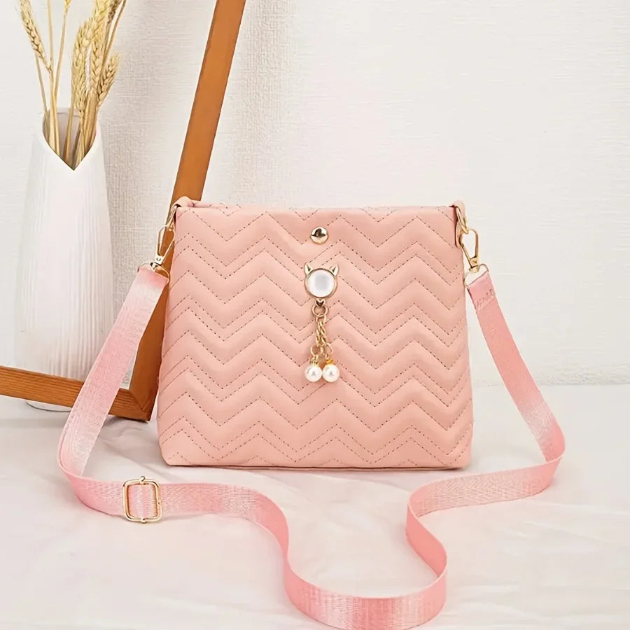 Women's Quilted Crossbody Bag with Cat Pearl Pendant - Elegant Shoulder Purse for Holiday gifts, 2025 Stylish Novelty Handbag