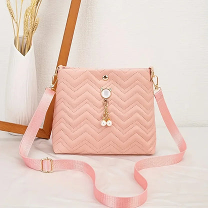 Women's Quilted Crossbody Bag with Cat Pearl Pendant - Elegant Shoulder Purse for Holiday gifts, 2025 Stylish Novelty Handbag