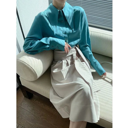 Spring Autumn New Elegant Long Sleeve Loose Shirt Tops Solid Color All-match Fashion Blouse Temperament Korean Women Clothing