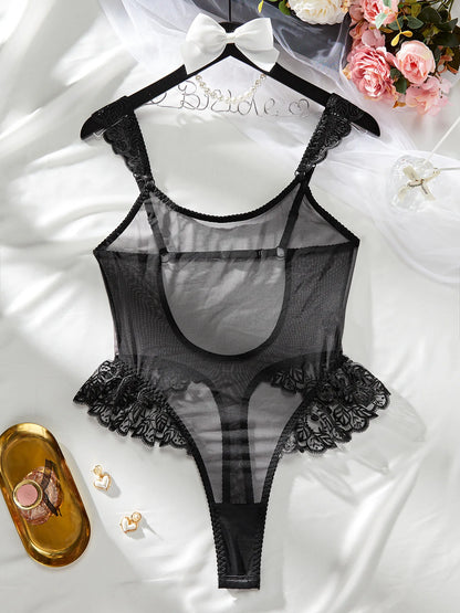 New Sexy Bodysuits Ruffled Edges Patchwork Mesh Sexy Perspective Backless Deep V Suspenders Sleeveless Bodysuits Charming 5ZAL