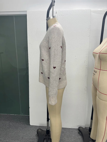 New Autumn Winter Comfortable Heart Pattern Sweater Long Sleeve Pullover Round Neck Top Sweater Warm Versatile Women's Clothing