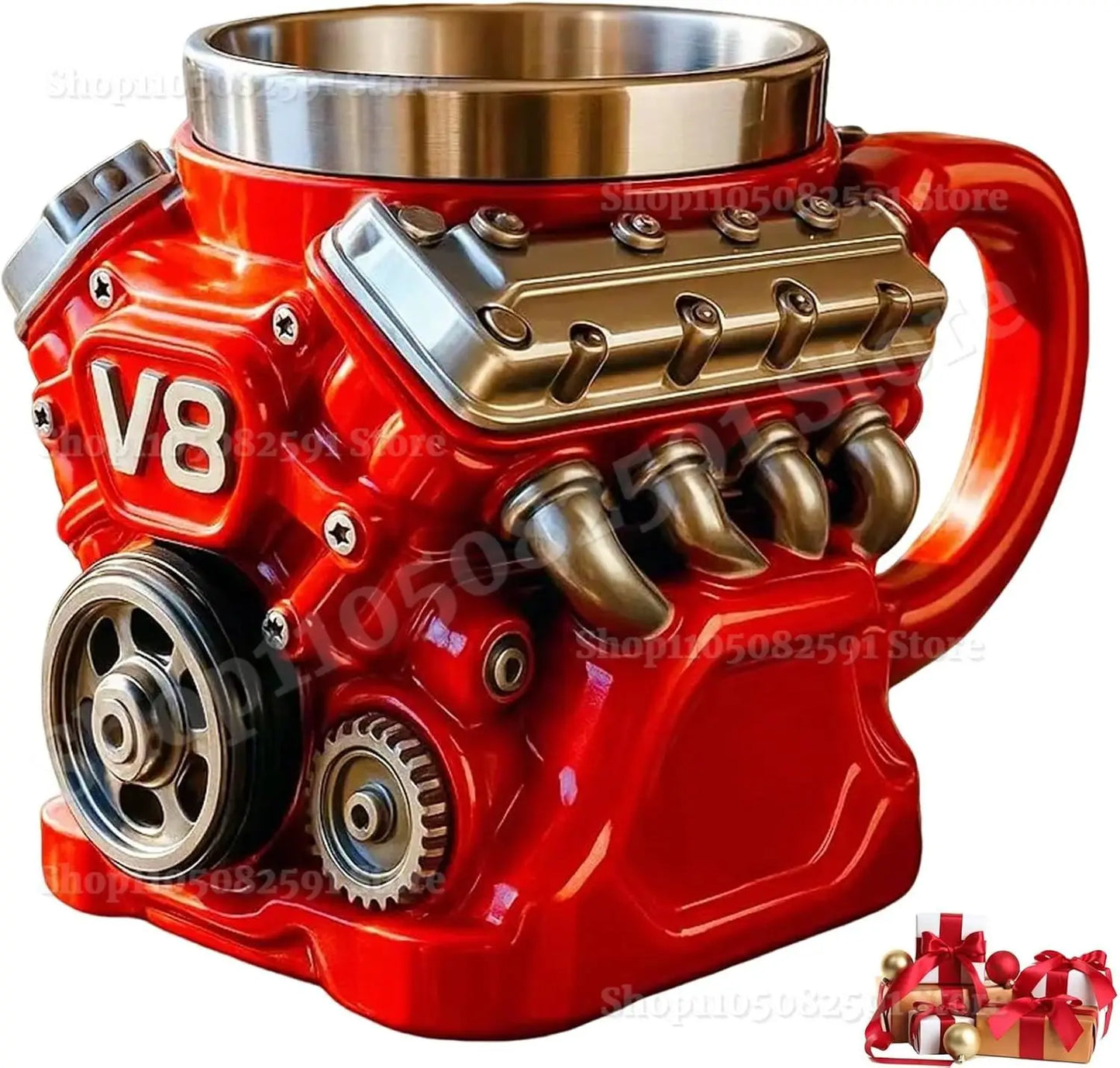 Retro Engine Coffee Mug,V8 Engines Stainless Steel Cup,Personalized Double Wall Insulation Car Mug with Handle for Christmas