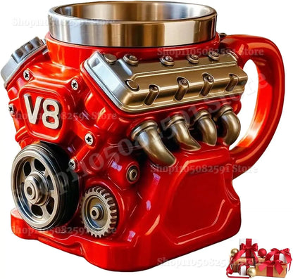 Retro Engine Coffee Mug,V8 Engines Stainless Steel Cup,Personalized Double Wall Insulation Car Mug with Handle for Christmas