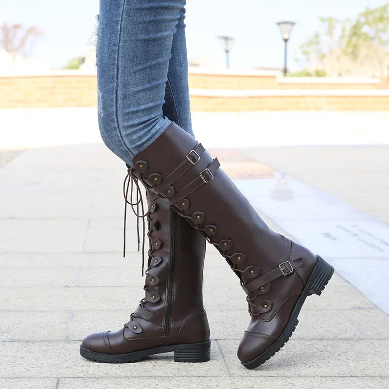 Women Knee high Boots Autumn Winter Lace Up Flat Shoes Sexy Steampunk PU Retro Buckle women shoes Ladies Snow Boots yui8