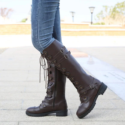 Women Knee high Boots Autumn Winter Lace Up Flat Shoes Sexy Steampunk PU Retro Buckle women shoes Ladies Snow Boots yui8