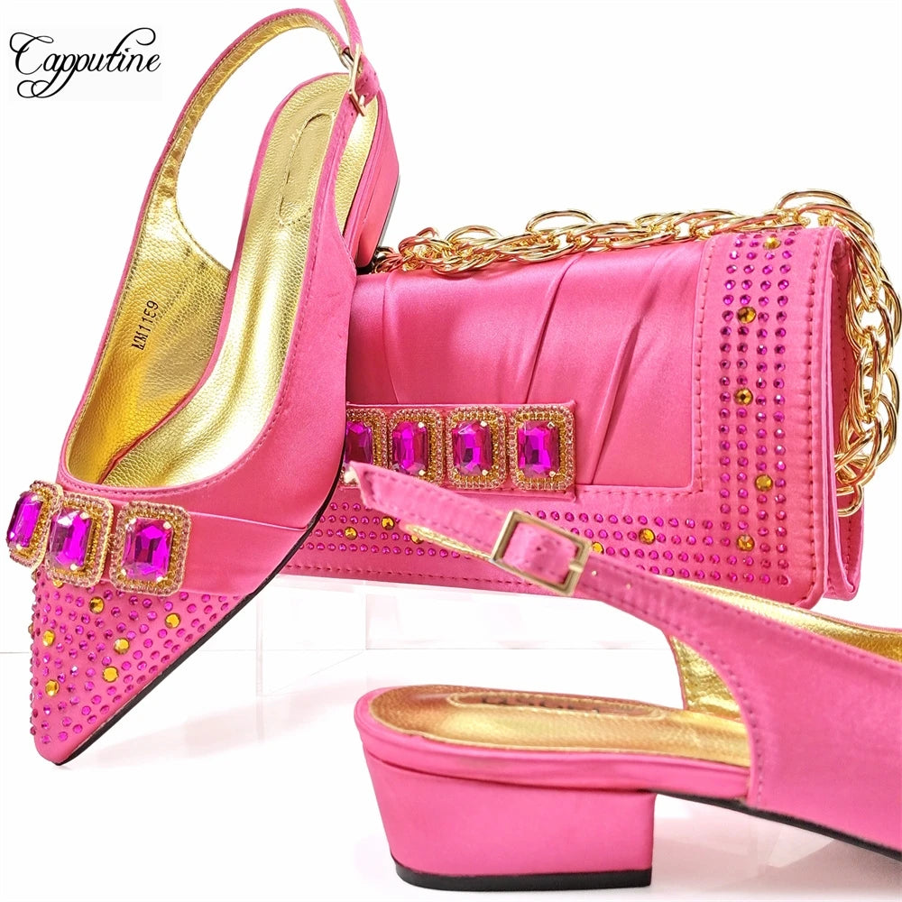 Peach Women Shoes And Bag Set Luxury African Ladies Sandals Match With Handbag Clutch Medium Heels Pumps Sandales Femmes MM1159