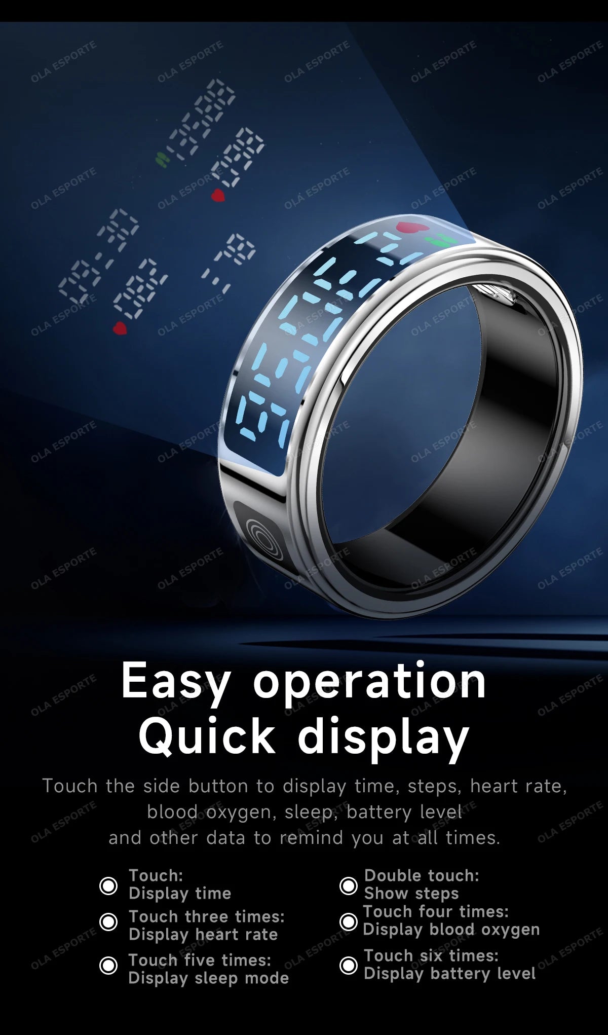 Display Screen Smart Ring Bluetooth Connection Heart Rate Sleep Monitoring Multi-function Ring Multiple Sports Modes Waterproof
